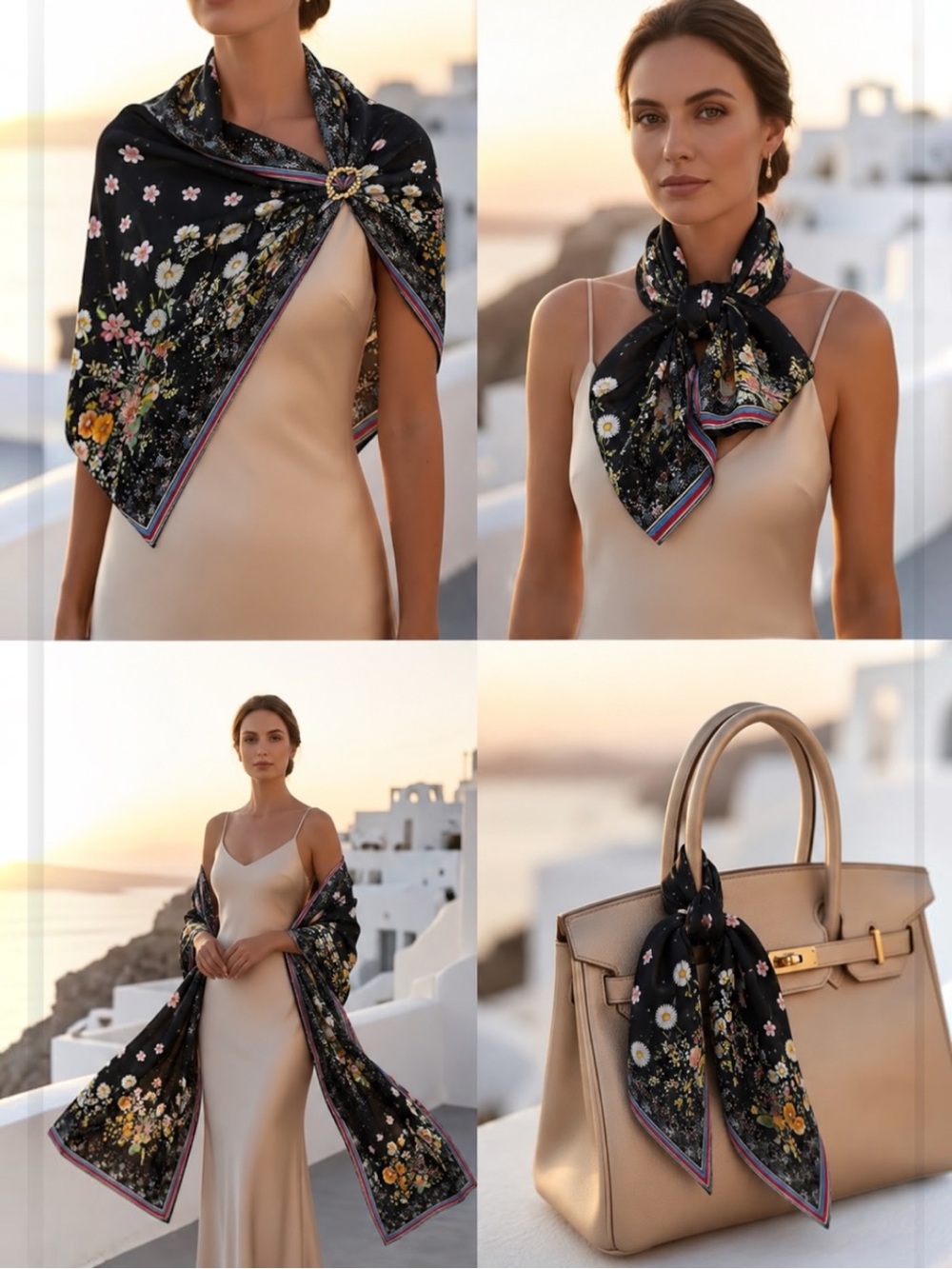 Johnny Was Luxury 100% Silk Black Romantic Forest Floral Square Scarf